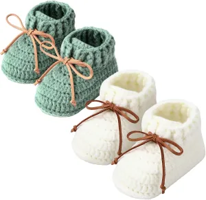2 Pairs Knitted Baby Booties 0-6 Months Crochet Newborn Shoes First Walkers Cozy Shoes Sock for Infant Toddler Boy Girl Baby Shower Gifts