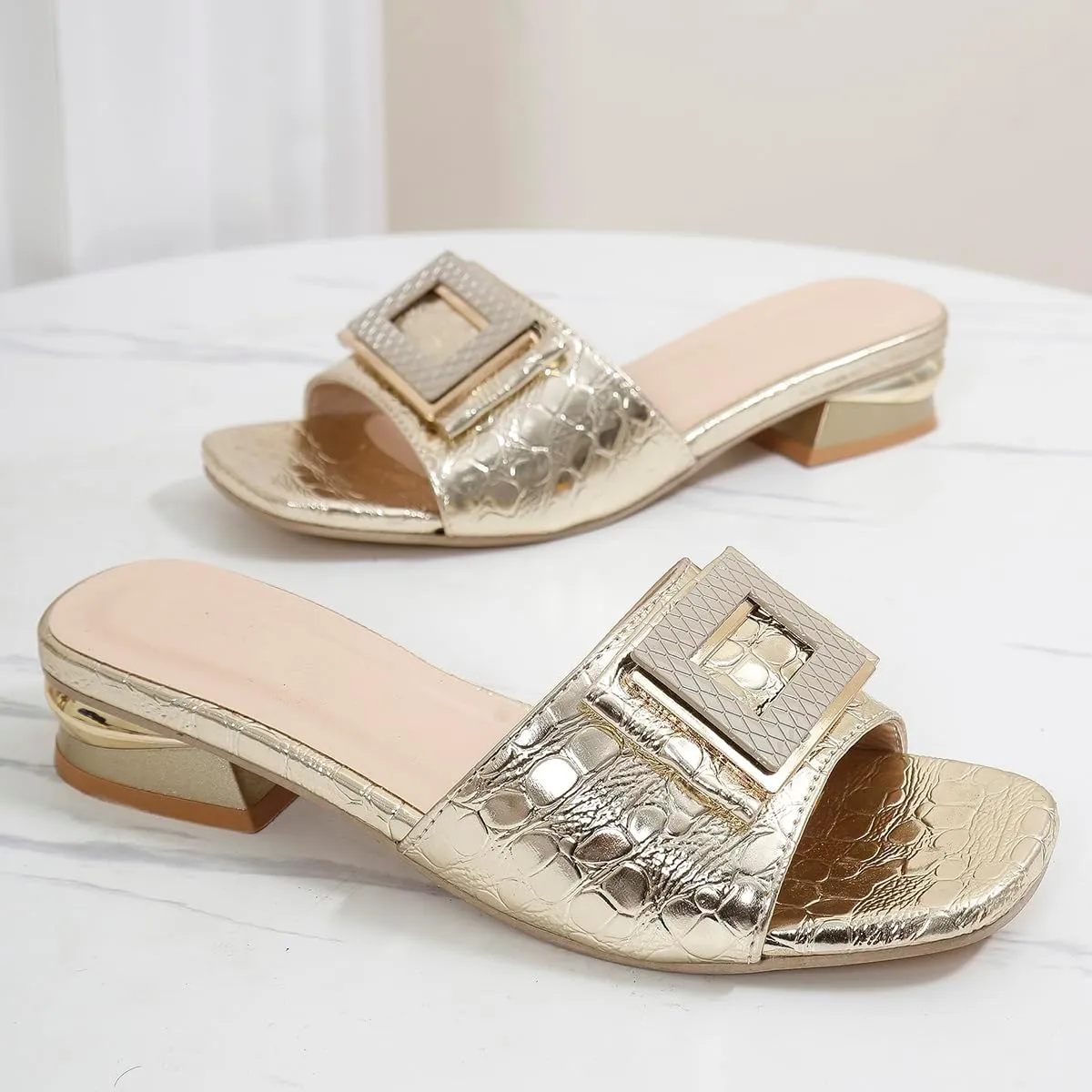 2024 Sandals for Women - Open Toe Buckle Slides, Faux Crocodile Leather Low Heel Slip-On Shoes, Comfortable Summer Flats for Casual & Dressy Outfits