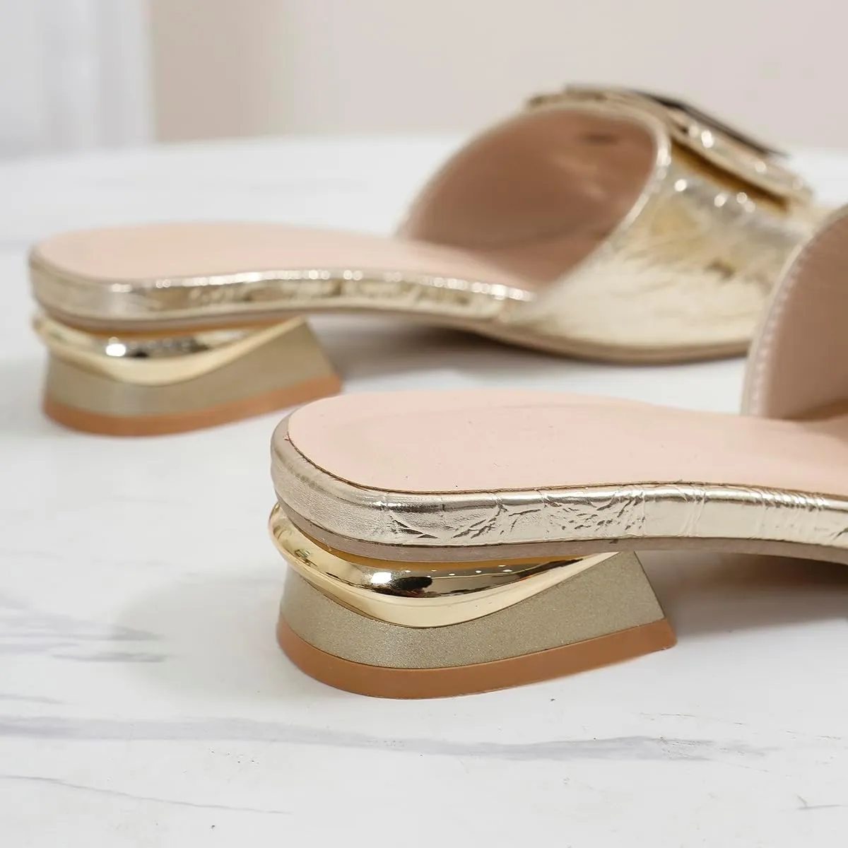 2024 Sandals for Women - Open Toe Buckle Slides, Faux Crocodile Leather Low Heel Slip-On Shoes, Comfortable Summer Flats for Casual & Dressy Outfits