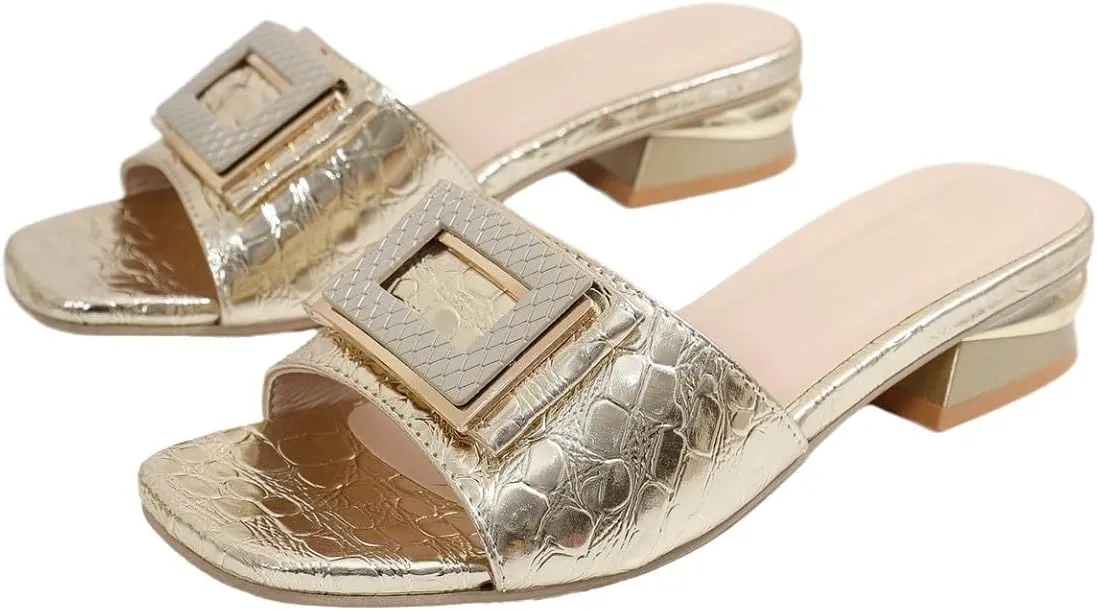 2024 Sandals for Women - Open Toe Buckle Slides, Faux Crocodile Leather Low Heel Slip-On Shoes, Comfortable Summer Flats for Casual & Dressy Outfits