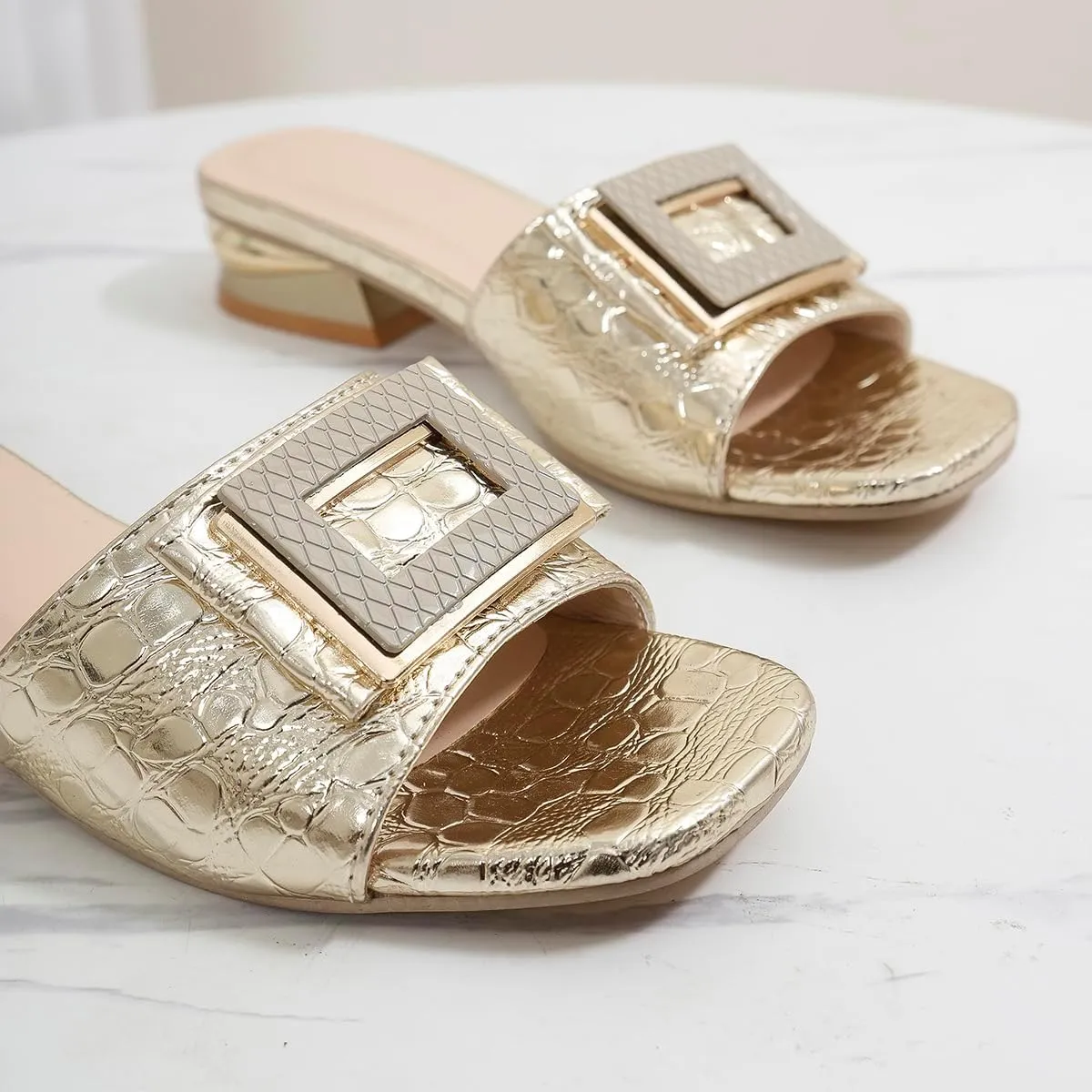 2024 Sandals for Women - Open Toe Buckle Slides, Faux Crocodile Leather Low Heel Slip-On Shoes, Comfortable Summer Flats for Casual & Dressy Outfits