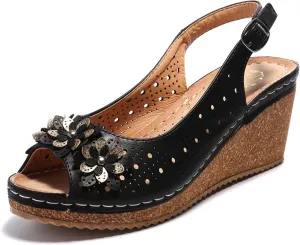 Alexis Leroy Wedge Heel Cut-Out Vamp Peep Toe Slingback Women's Sandals