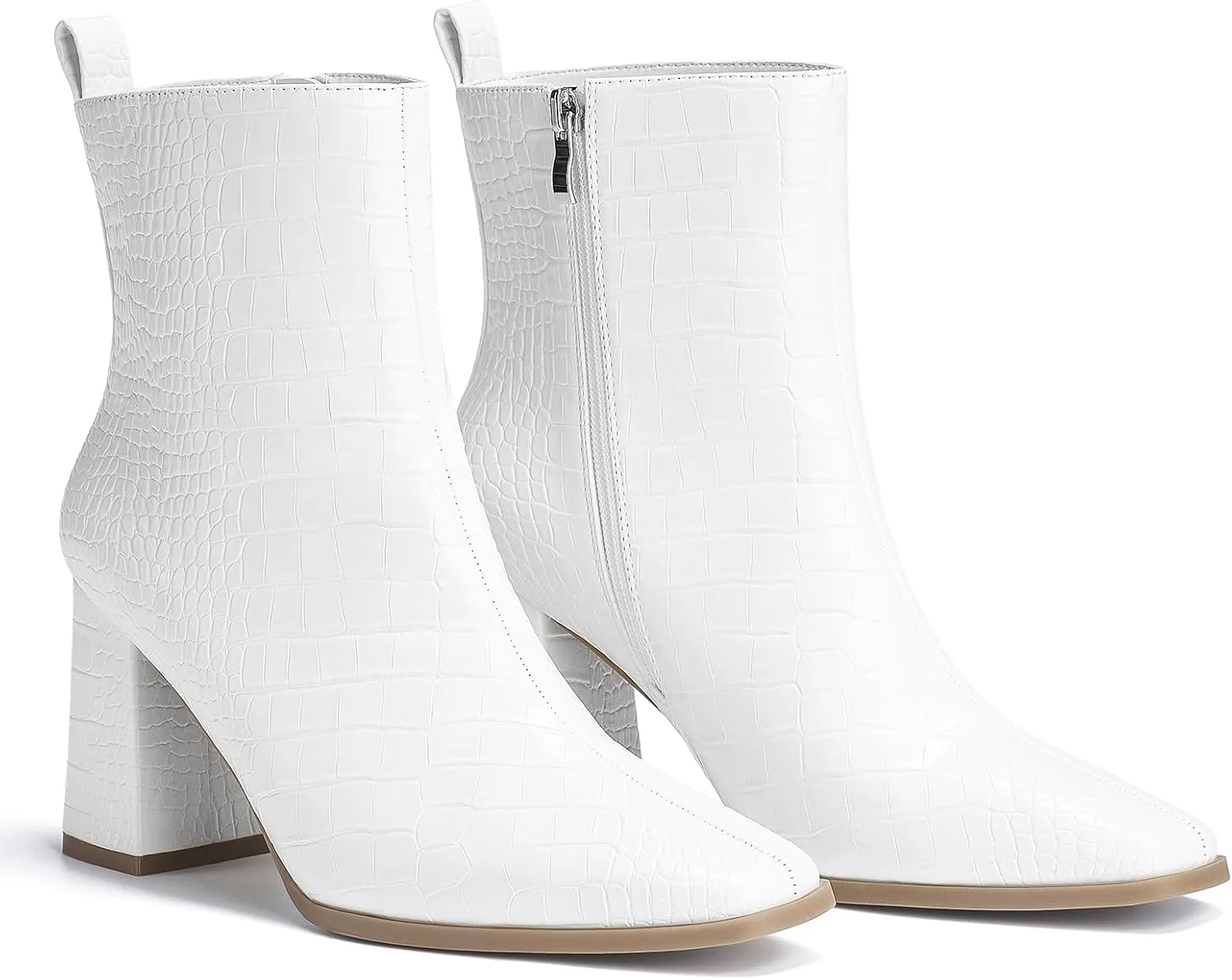 ALICEPUB Women's Ankle Boots Chunky Heel Booties Leather & Suede Dress Booties Square Toe Boots with Side Zipper