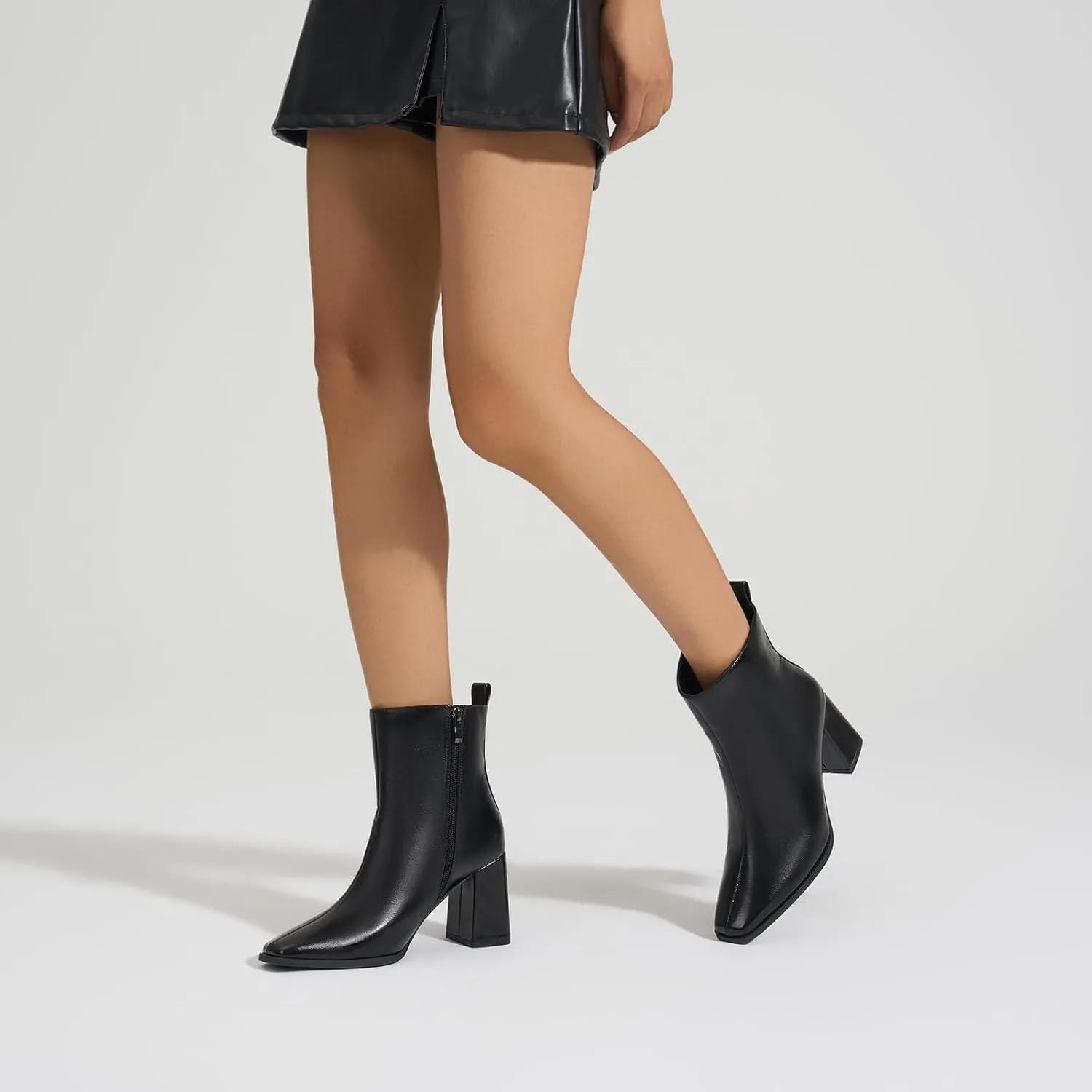 ALICEPUB Women's Ankle Boots Chunky Heel Booties Leather & Suede Dress Booties Square Toe Boots with Side Zipper