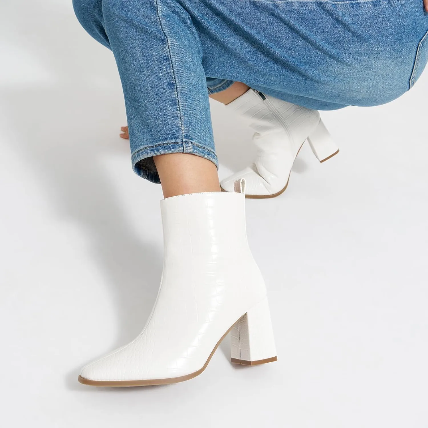 ALICEPUB Women's Ankle Boots Chunky Heel Booties Leather & Suede Dress Booties Square Toe Boots with Side Zipper