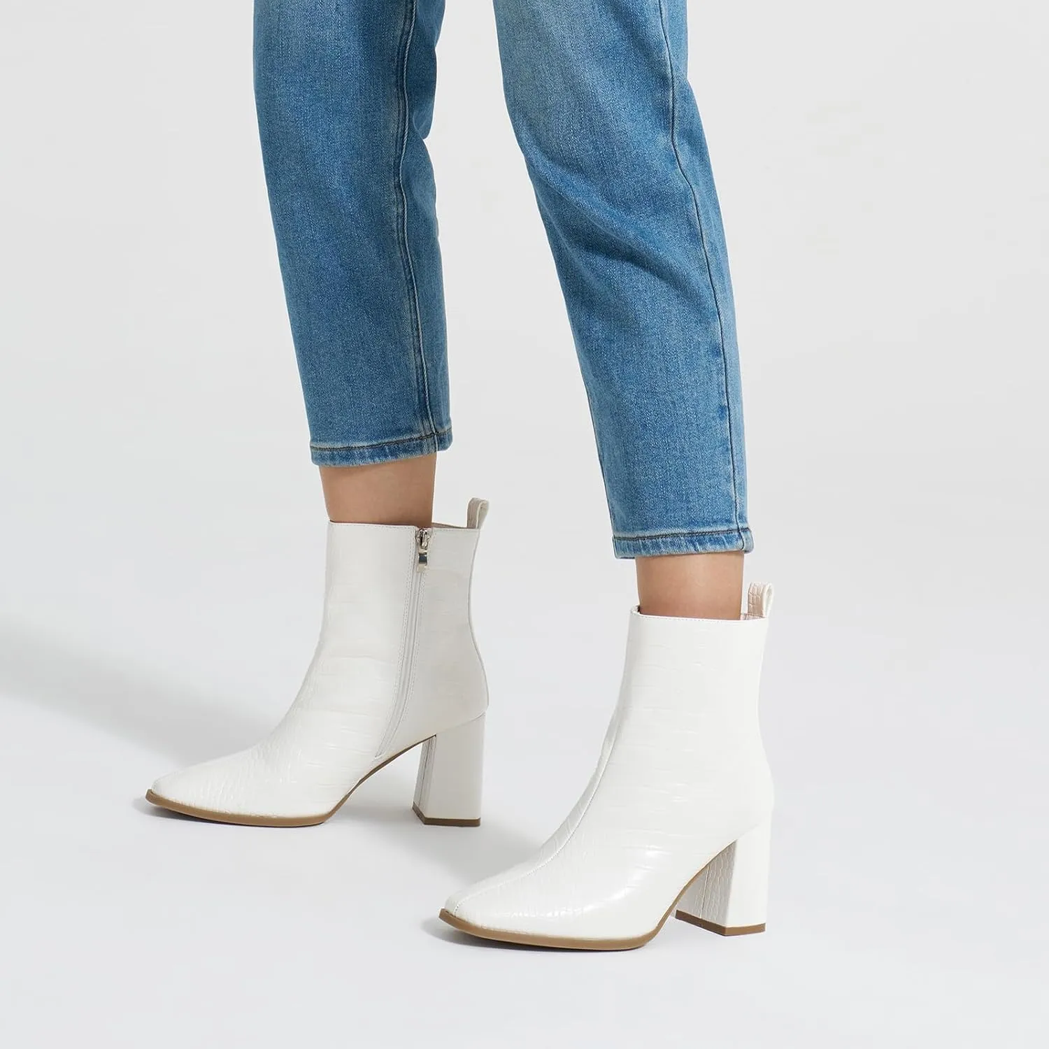ALICEPUB Women's Ankle Boots Chunky Heel Booties Leather & Suede Dress Booties Square Toe Boots with Side Zipper