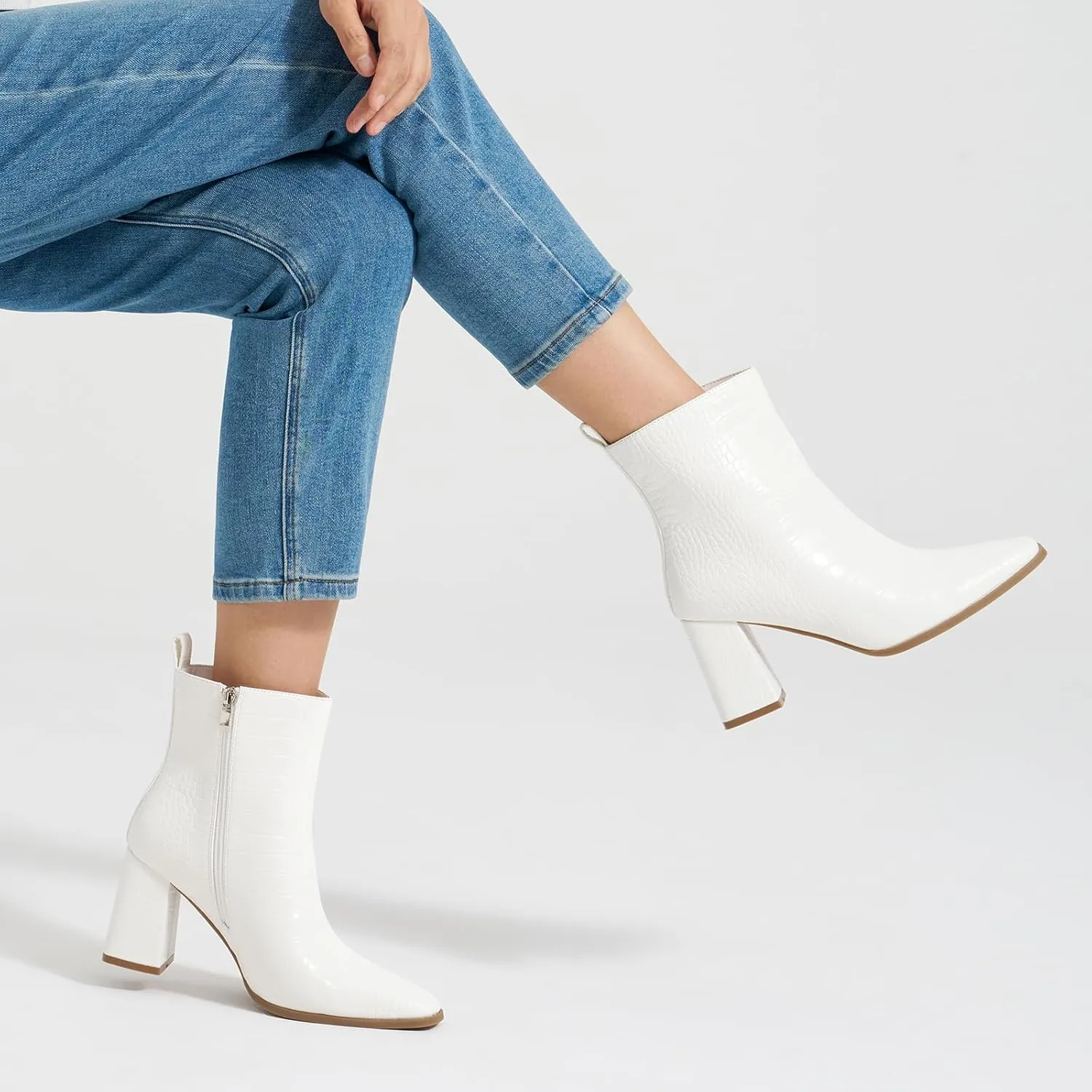 ALICEPUB Women's Ankle Boots Chunky Heel Booties Leather & Suede Dress Booties Square Toe Boots with Side Zipper
