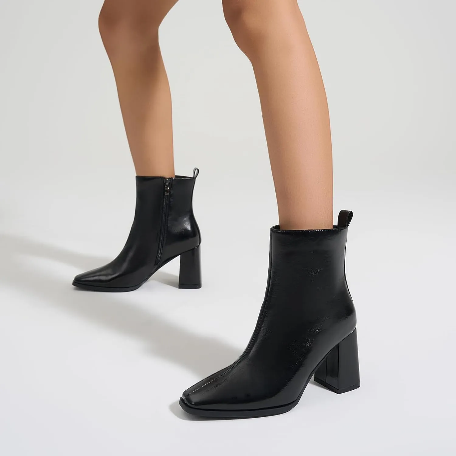 ALICEPUB Women's Ankle Boots Chunky Heel Booties Leather & Suede Dress Booties Square Toe Boots with Side Zipper