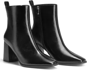 ALICEPUB Women's Ankle Boots Chunky Heel Booties Leather & Suede Dress Booties Square Toe Boots with Side Zipper