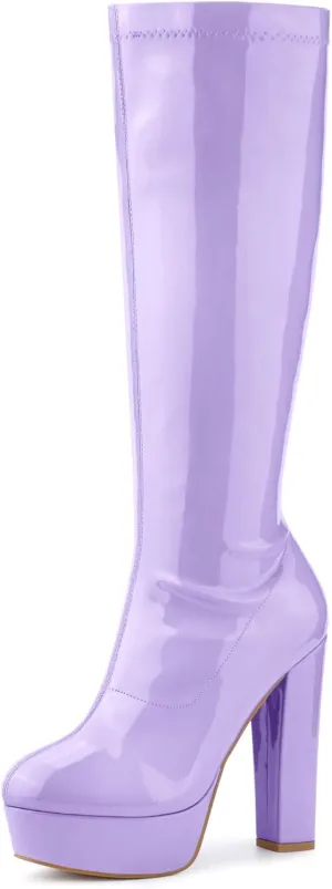 Allegra K Women's Patent Leather Platform Gogo Boots Chunky Heel Knee High Boots