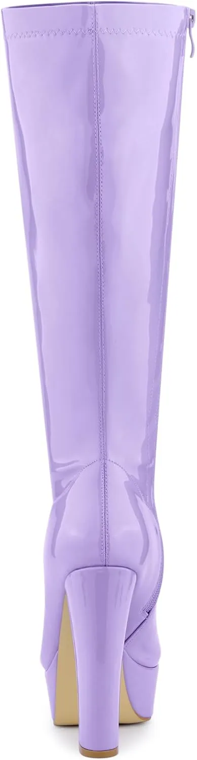 Allegra K Women's Patent Leather Platform Gogo Boots Chunky Heel Knee High Boots
