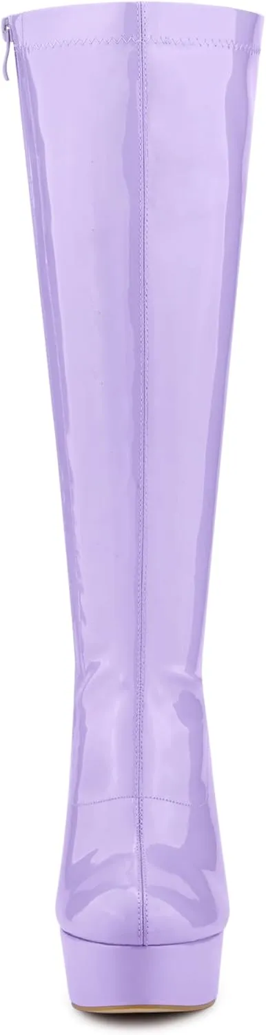 Allegra K Women's Patent Leather Platform Gogo Boots Chunky Heel Knee High Boots