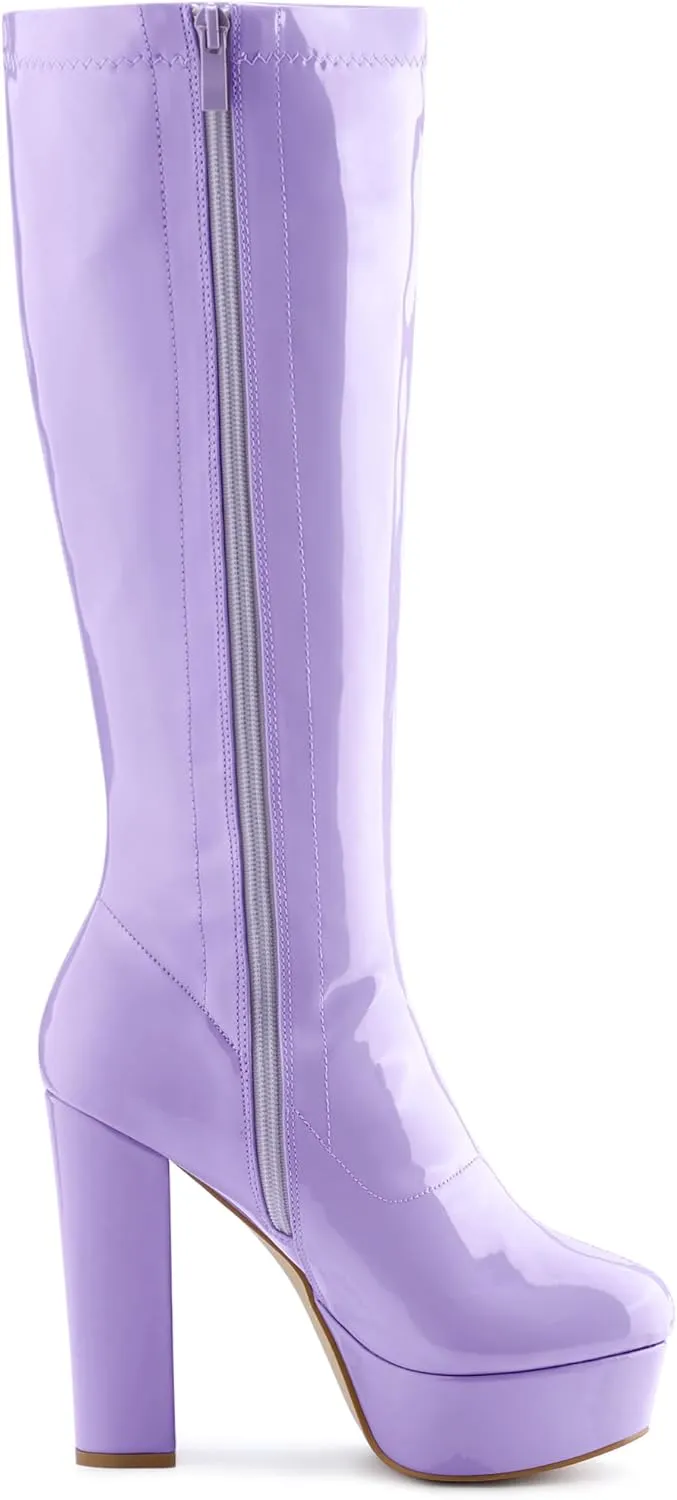 Allegra K Women's Patent Leather Platform Gogo Boots Chunky Heel Knee High Boots