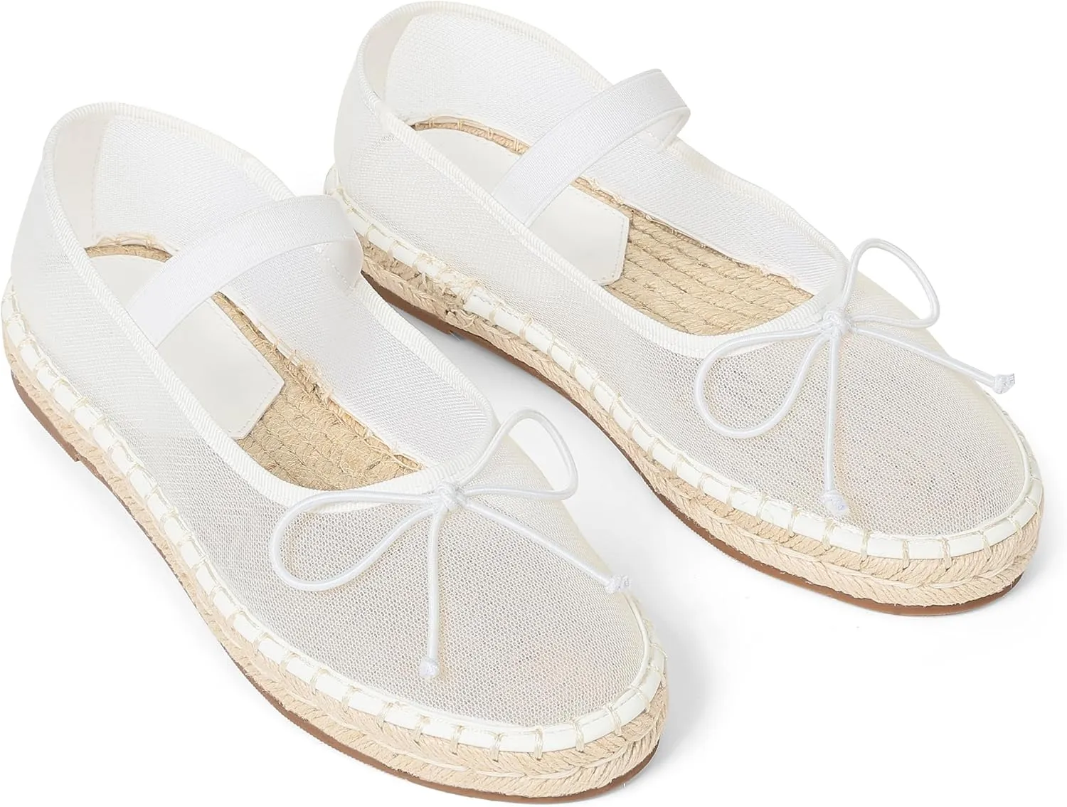 AMINUGAL Mesh Ballet Flats Shoes for Women Round Toe Platform Mary Janes Elastic Espadrilles White Mesh Shoe Woman Dressy Comfortable Ballerina