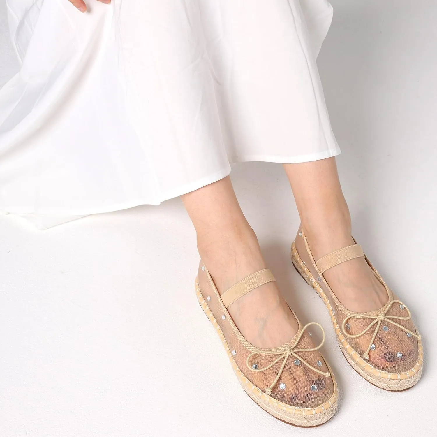 AMINUGAL Mesh Ballet Flats Shoes for Women Round Toe Platform Mary Janes Elastic Espadrilles White Mesh Shoe Woman Dressy Comfortable Ballerina
