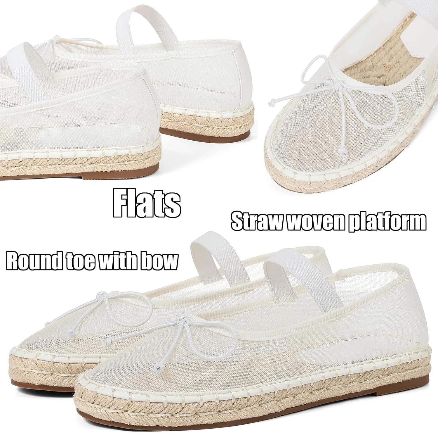 AMINUGAL Mesh Ballet Flats Shoes for Women Round Toe Platform Mary Janes Elastic Espadrilles White Mesh Shoe Woman Dressy Comfortable Ballerina