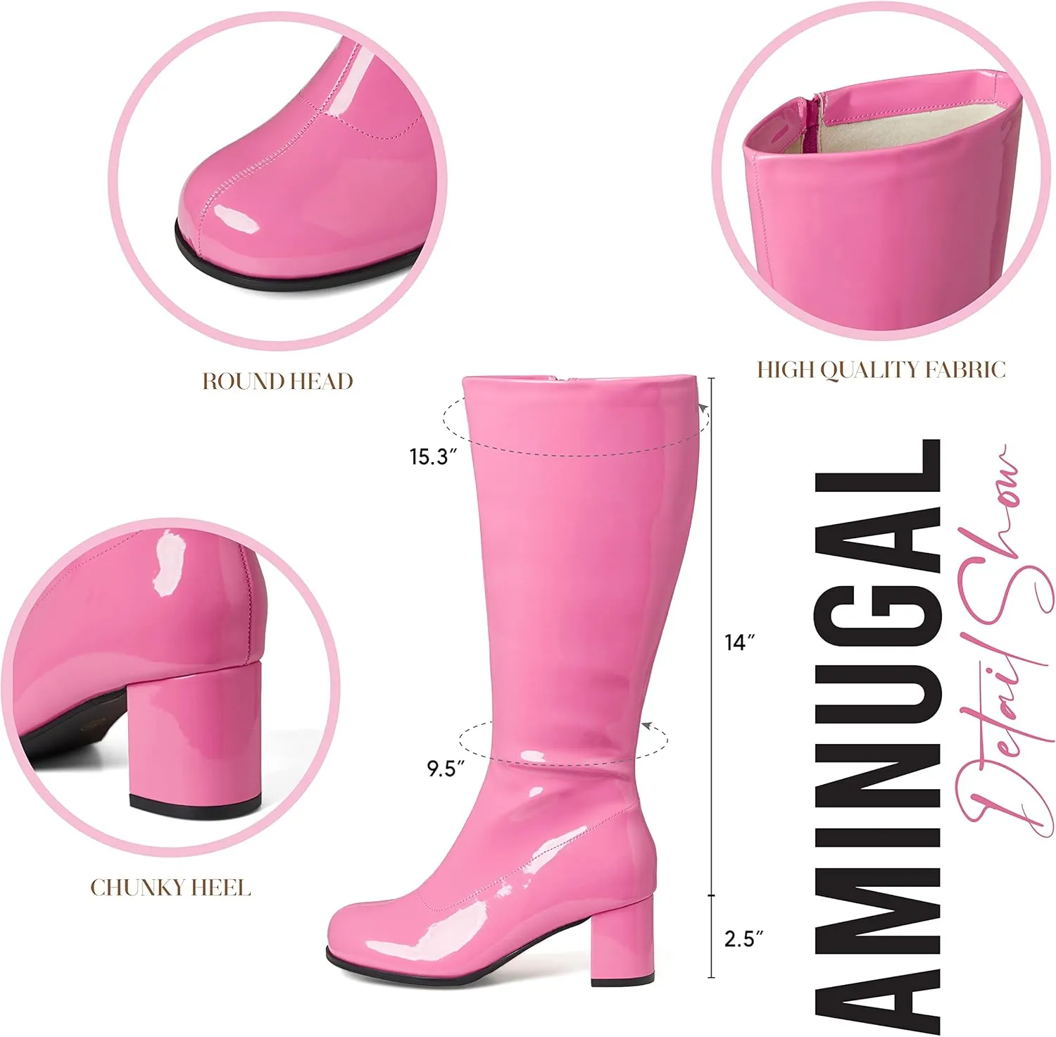 AMINUGAL Womens Go Go Boots Block Heel Round Toe Side zipper Dress Halloween Costume Knee High Boots Disco Party Boots For Women