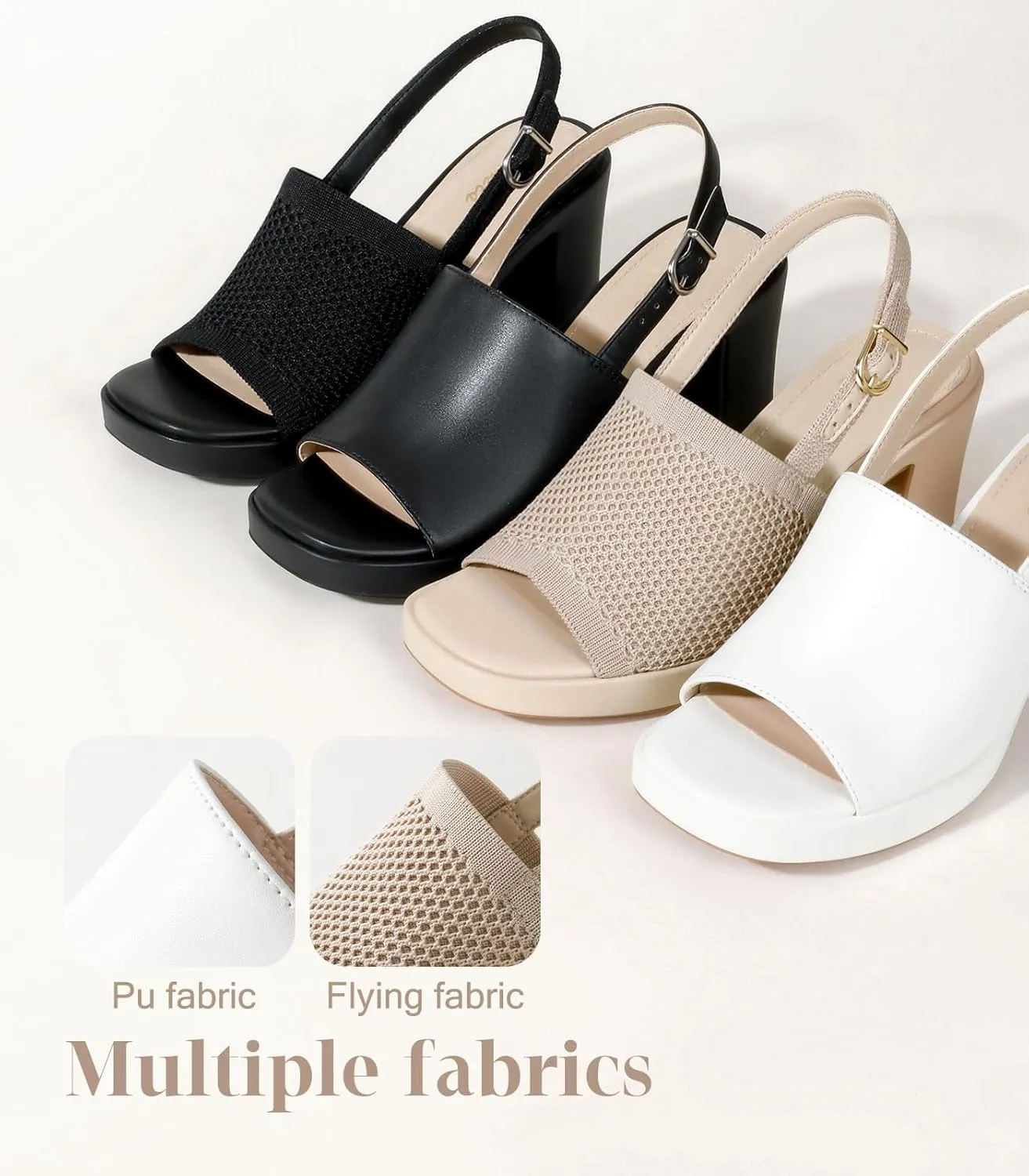 Ankis Black White Nude Heels Platform Heeled Sandals Knit Chunky Block Elastic Slingback Open Toe Ankle Strappy Heels
