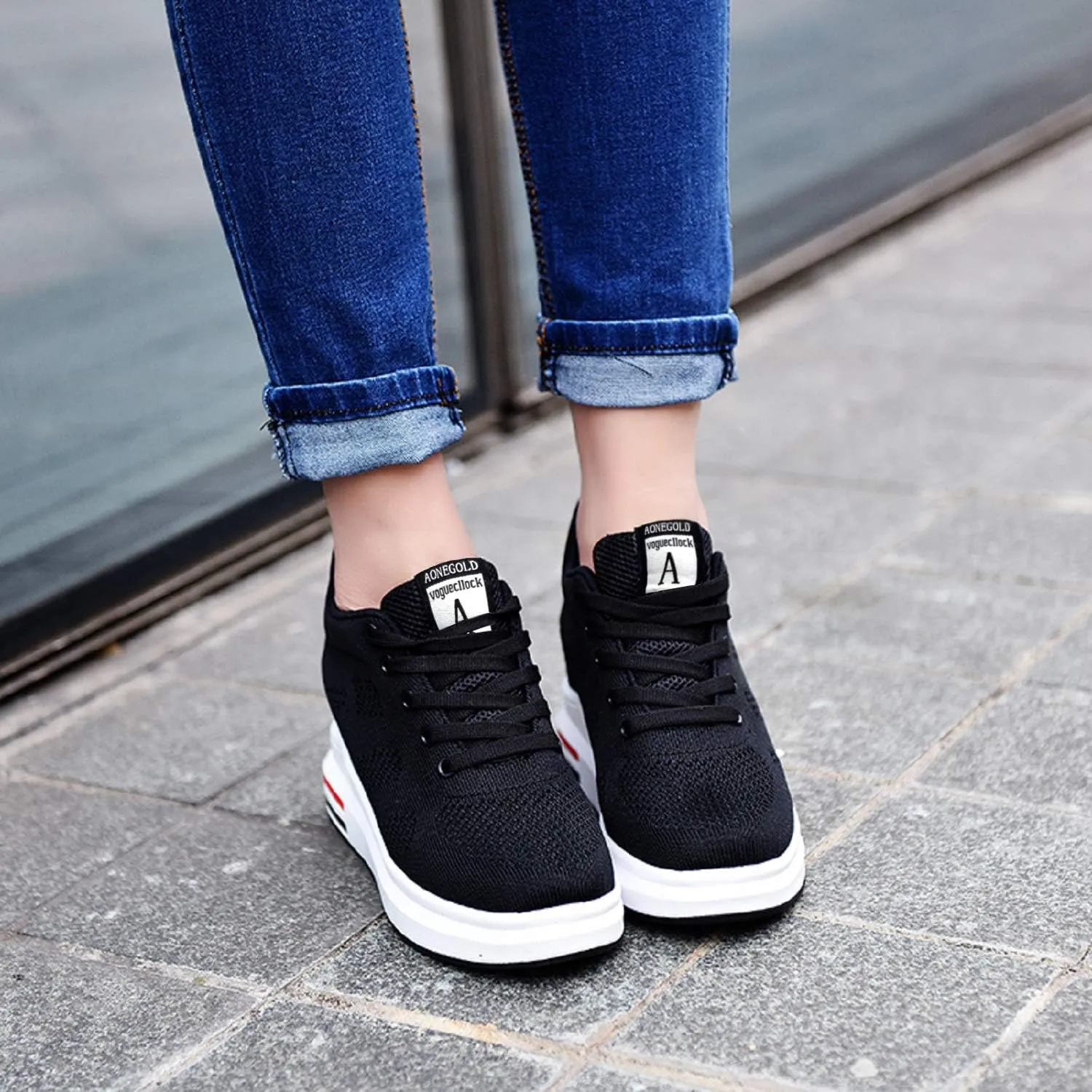 AONEGOLD Platform Sneakers High Heel Wedge Sneakers for Women Fashion Leather Chunky Sneakers Casual Walking Shoes Lace up Sneakers Increasing 3.15 inch