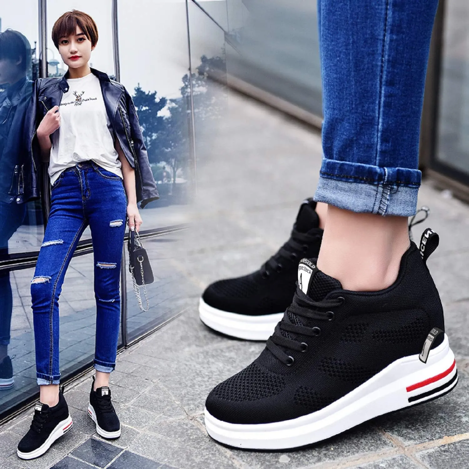 AONEGOLD Platform Sneakers High Heel Wedge Sneakers for Women Fashion Leather Chunky Sneakers Casual Walking Shoes Lace up Sneakers Increasing 3.15 inch