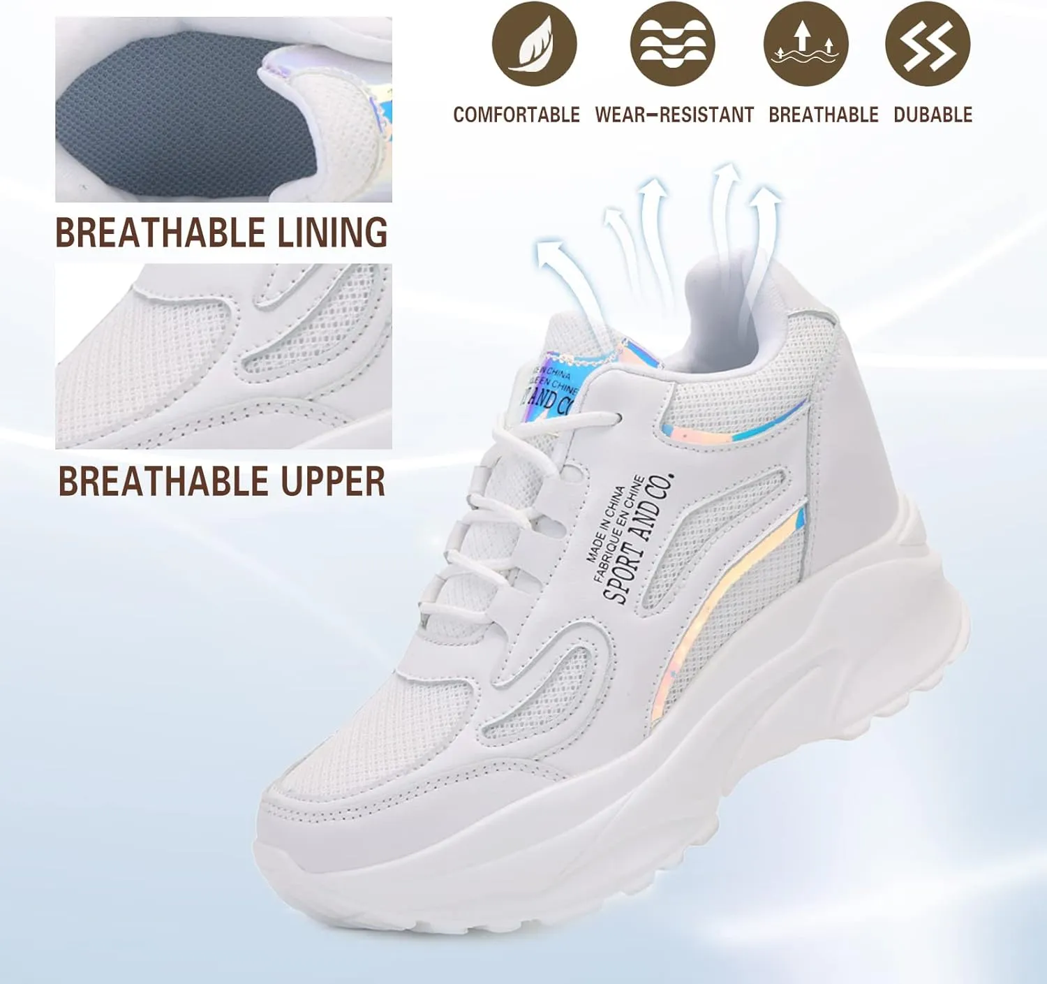 AONEGOLD Women's Hidden Wedge Sneakers High Heeld Lace Up Fashion Lightweight Walking Shoes Platform Sneakers
