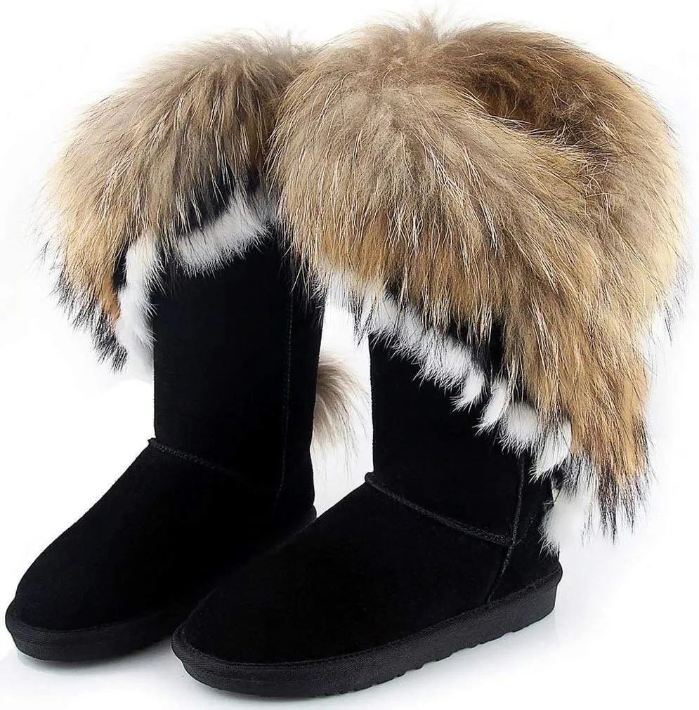 APHNUS Womens Mid Calf Boots Cow Leather Fur Snow Boots