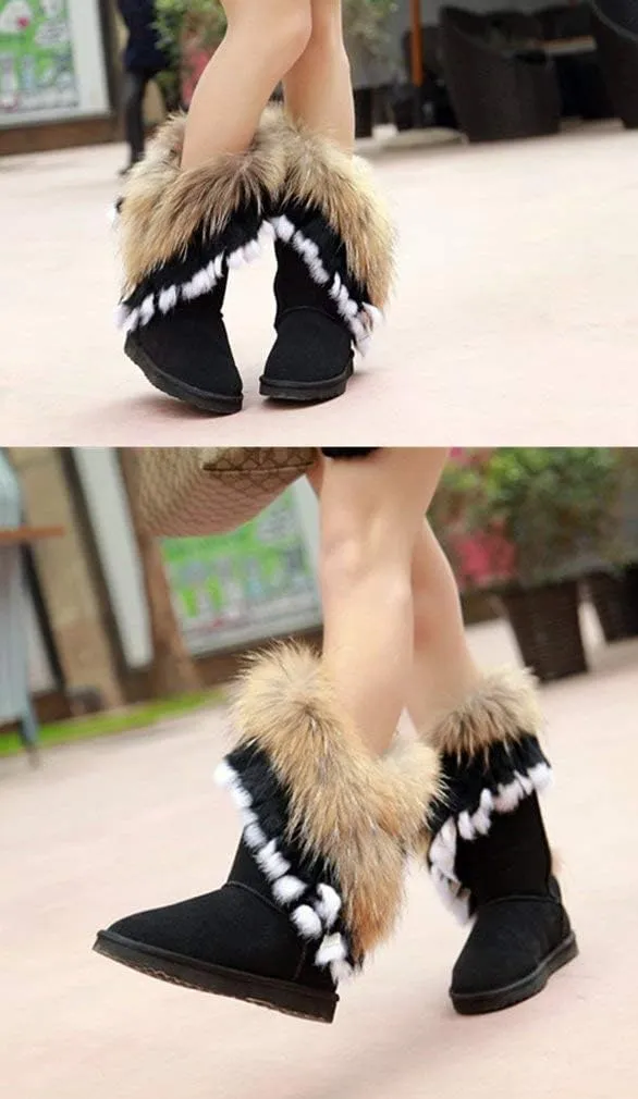 APHNUS Womens Mid Calf Boots Cow Leather Fur Snow Boots