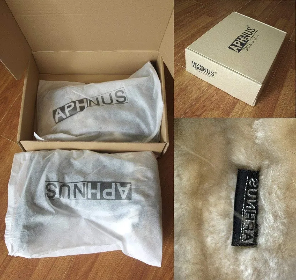 APHNUS Womens Mid Calf Boots Cow Leather Fur Snow Boots