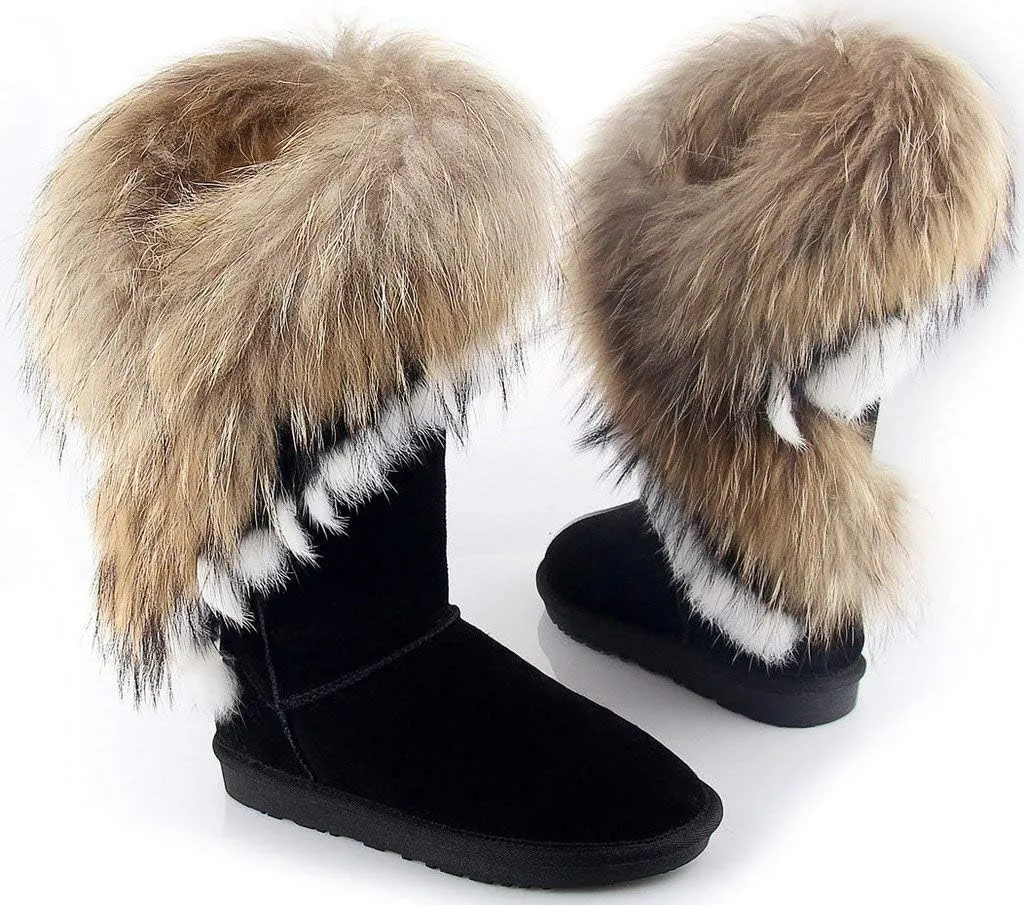 APHNUS Womens Mid Calf Boots Cow Leather Fur Snow Boots