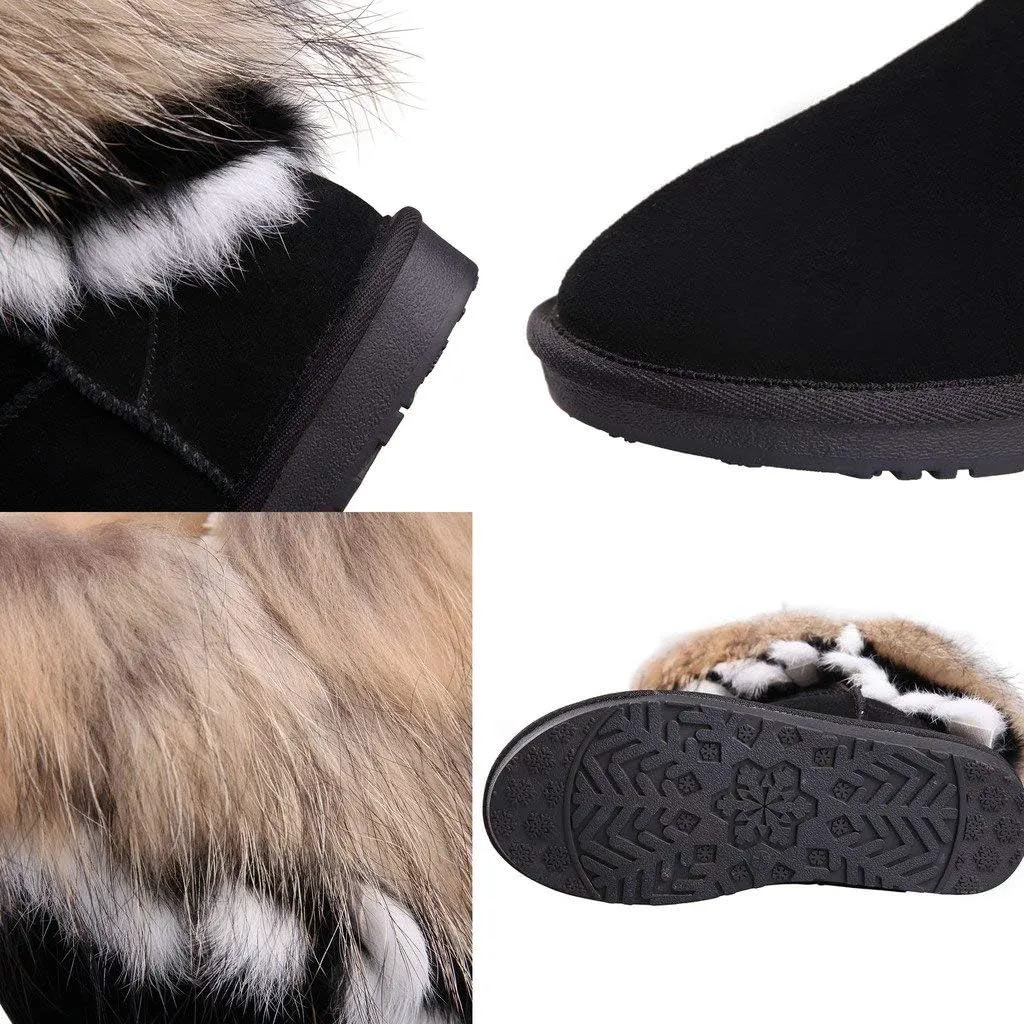 APHNUS Womens Mid Calf Boots Cow Leather Fur Snow Boots