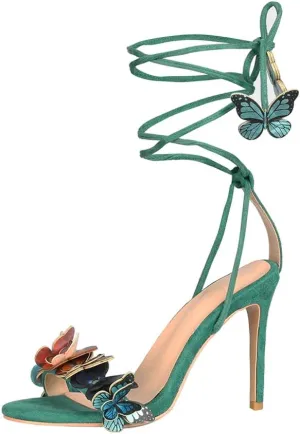 Arqa Strappy Sandals for Women Butterfly Ankle Wrap Stiletto High Heels Open Toe Suede Lace-up Heeled Sandal Wedding Bride Dressy Pumps