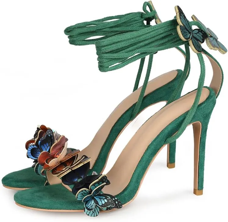 Arqa Strappy Sandals for Women Butterfly Ankle Wrap Stiletto High Heels Open Toe Suede Lace-up Heeled Sandal Wedding Bride Dressy Pumps