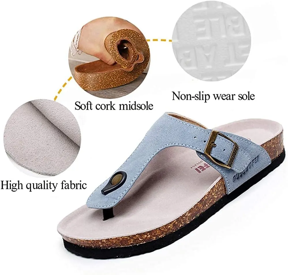 Asifn Women Slide Men Cork Sandal Flat Adjustable Leather Casual Open Toe Shoes Flip-flops Summer