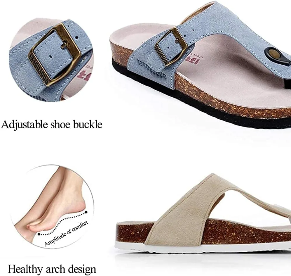 Asifn Women Slide Men Cork Sandal Flat Adjustable Leather Casual Open Toe Shoes Flip-flops Summer