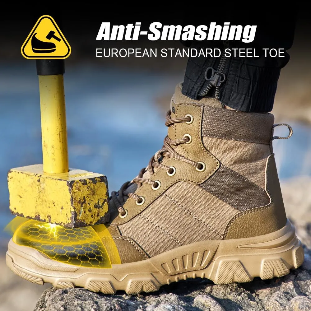 Asiman Steel Toe Boots for Men Women Indestructible Safety Work Shoes Breathable Lightweight High Top Steel Toe Safety Shoes Slip Resistant Construction Work Boots