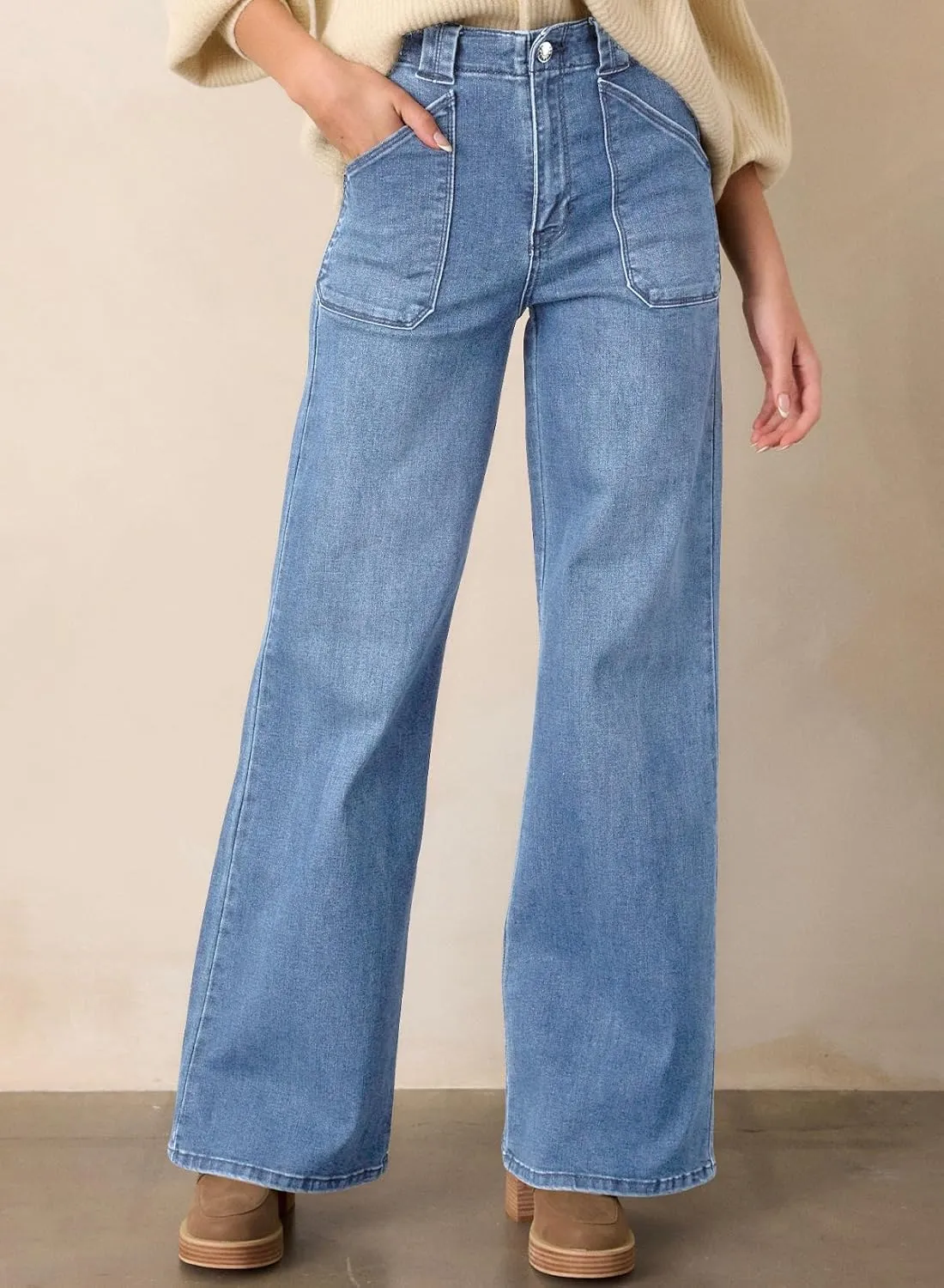 Astylish Women‘s High Waisted Straight Leg Jeans Stretchy Wide Leg Jeans Trendy Denim Pants