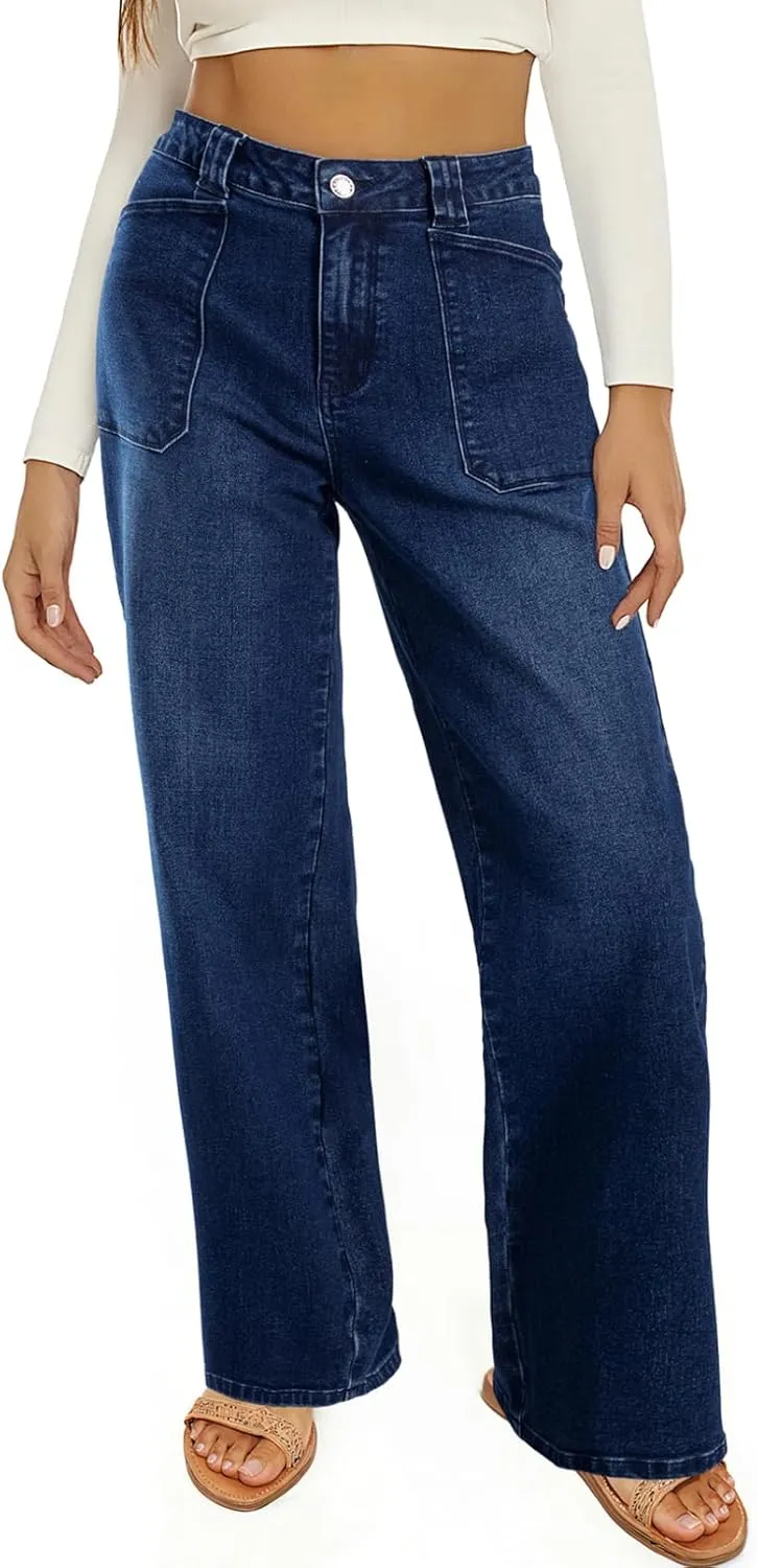 Astylish Women‘s High Waisted Straight Leg Jeans Stretchy Wide Leg Jeans Trendy Denim Pants