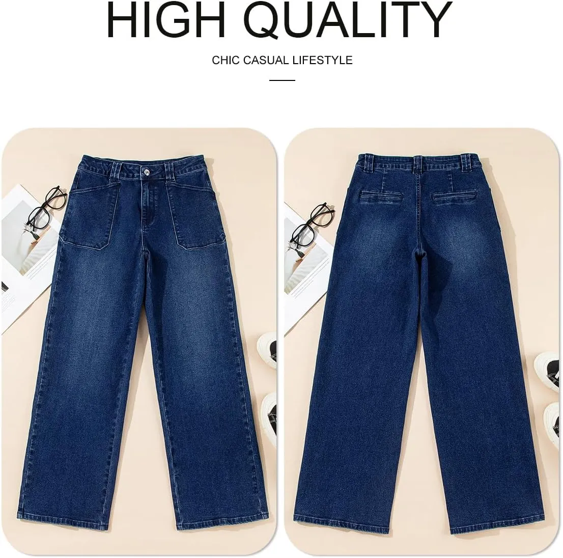 Astylish Women‘s High Waisted Straight Leg Jeans Stretchy Wide Leg Jeans Trendy Denim Pants