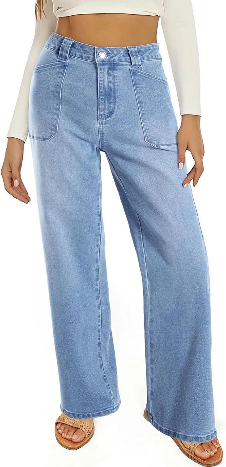 Astylish Women‘s High Waisted Straight Leg Jeans Stretchy Wide Leg Jeans Trendy Denim Pants