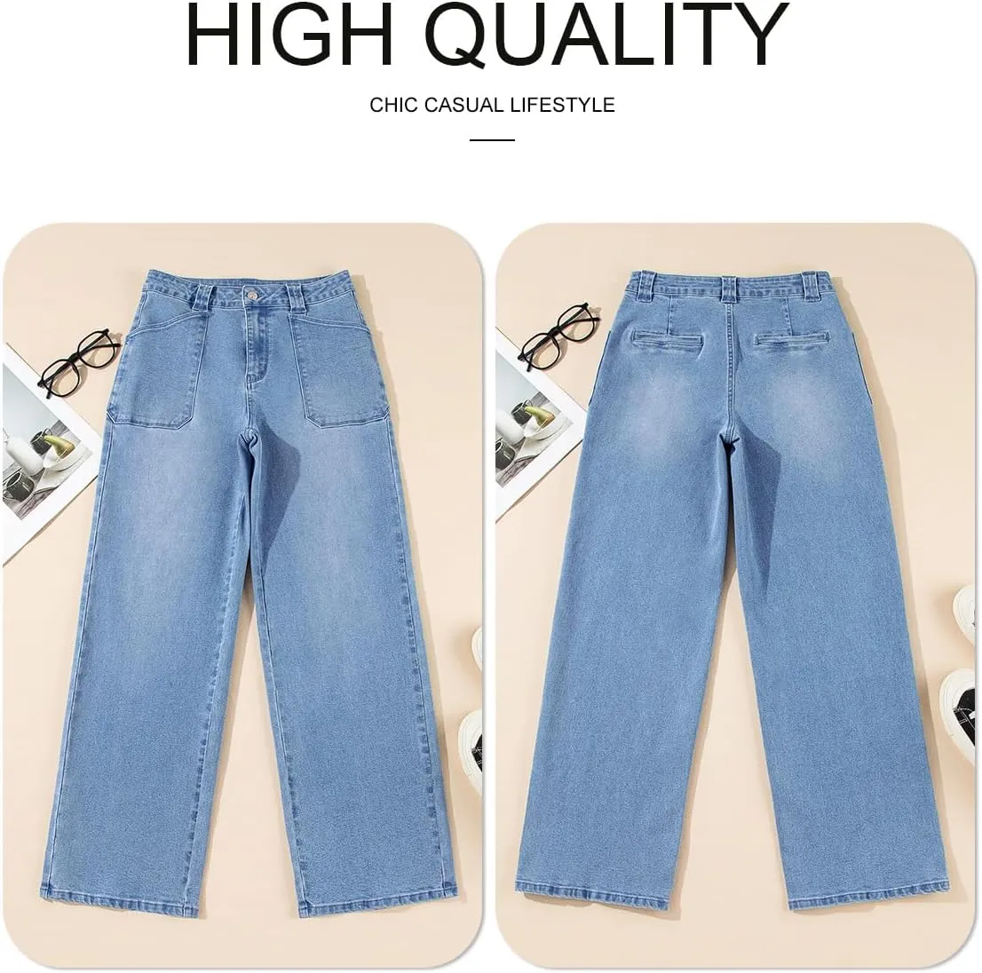 Astylish Women‘s High Waisted Straight Leg Jeans Stretchy Wide Leg Jeans Trendy Denim Pants