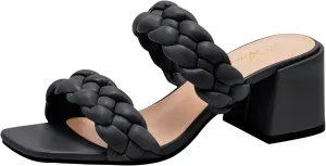 Athlefit Women's Braided Heeled Sandals Strappy Square Open Toe Heels Backless Mules Slip On Block Heels