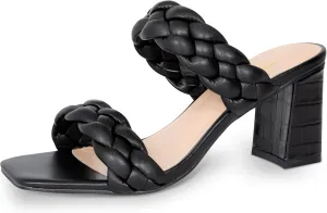Athlefit Women's Braided Heeled Sandals Strappy Square Open Toe Heels Backless Mules Slip On Block Heels
