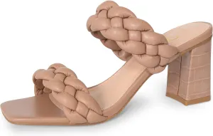 Athlefit Women's Braided Heeled Sandals Strappy Square Open Toe Heels Backless Mules Slip On Block Heels