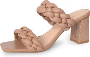 Athlefit Women's Braided Heeled Sandals Strappy Square Open Toe Heels Backless Mules Slip On Block Heels