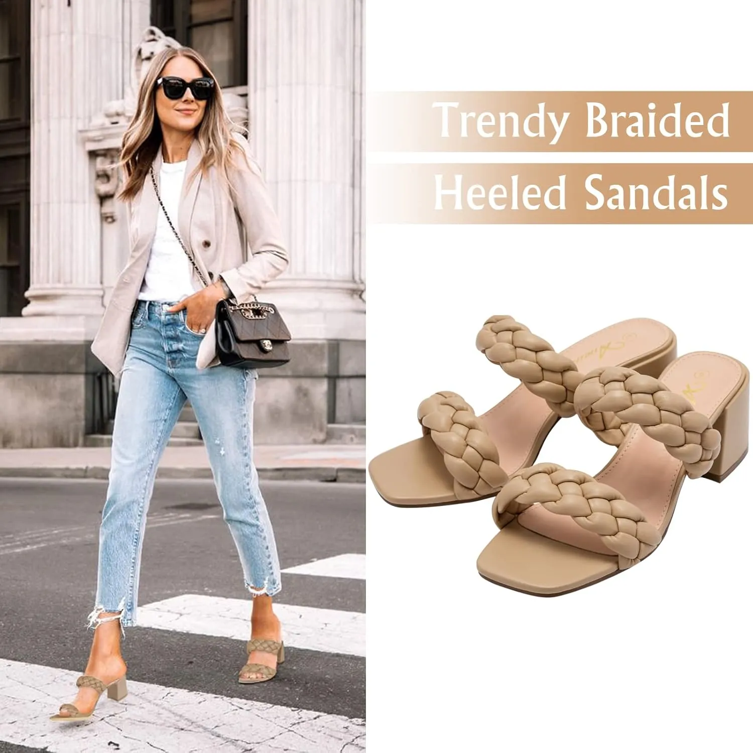 Athlefit Women's Braided Heeled Sandals Strappy Square Open Toe Heels Backless Mules Slip On Block Heels