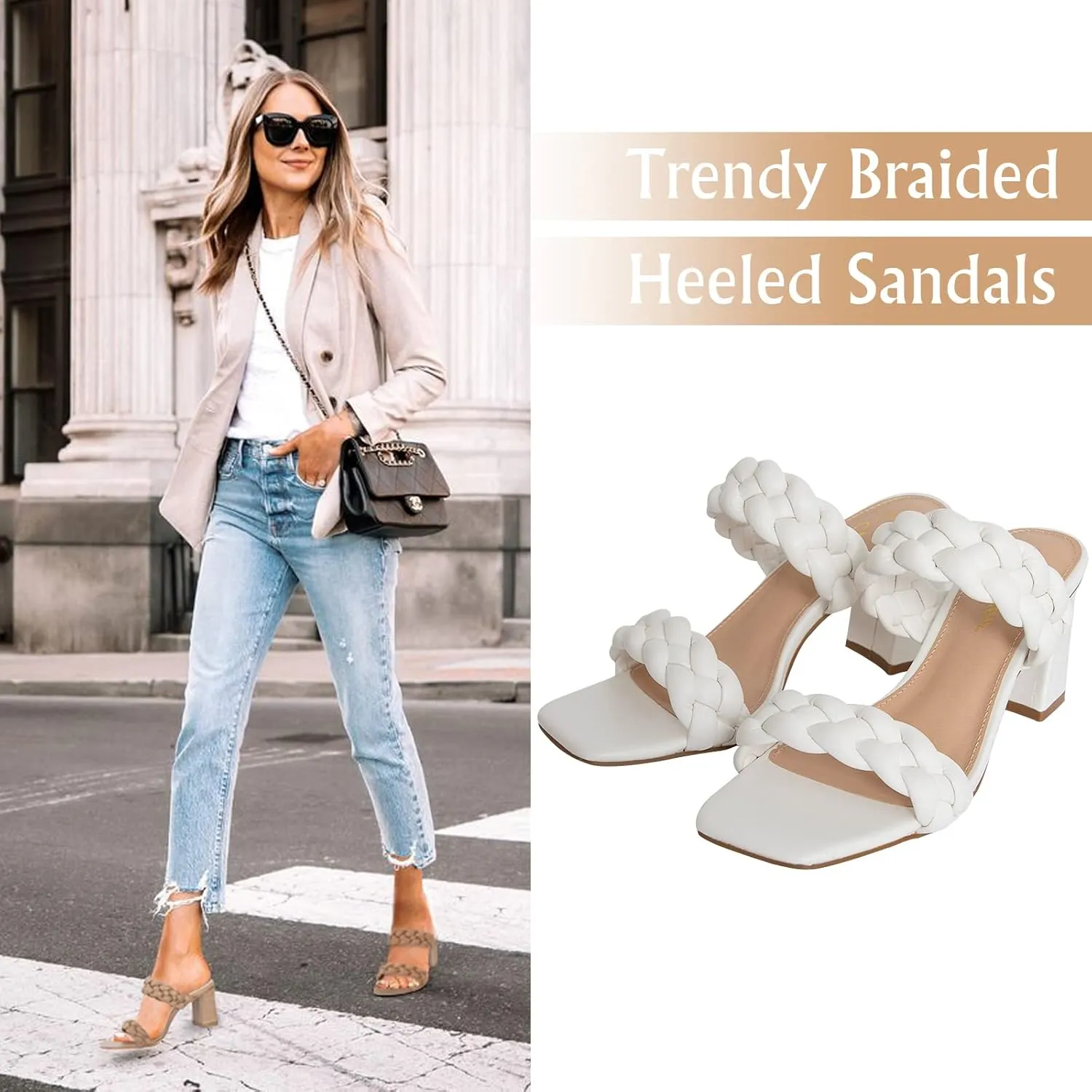 Athlefit Women's Braided Heeled Sandals Strappy Square Open Toe Heels Backless Mules Slip On Block Heels