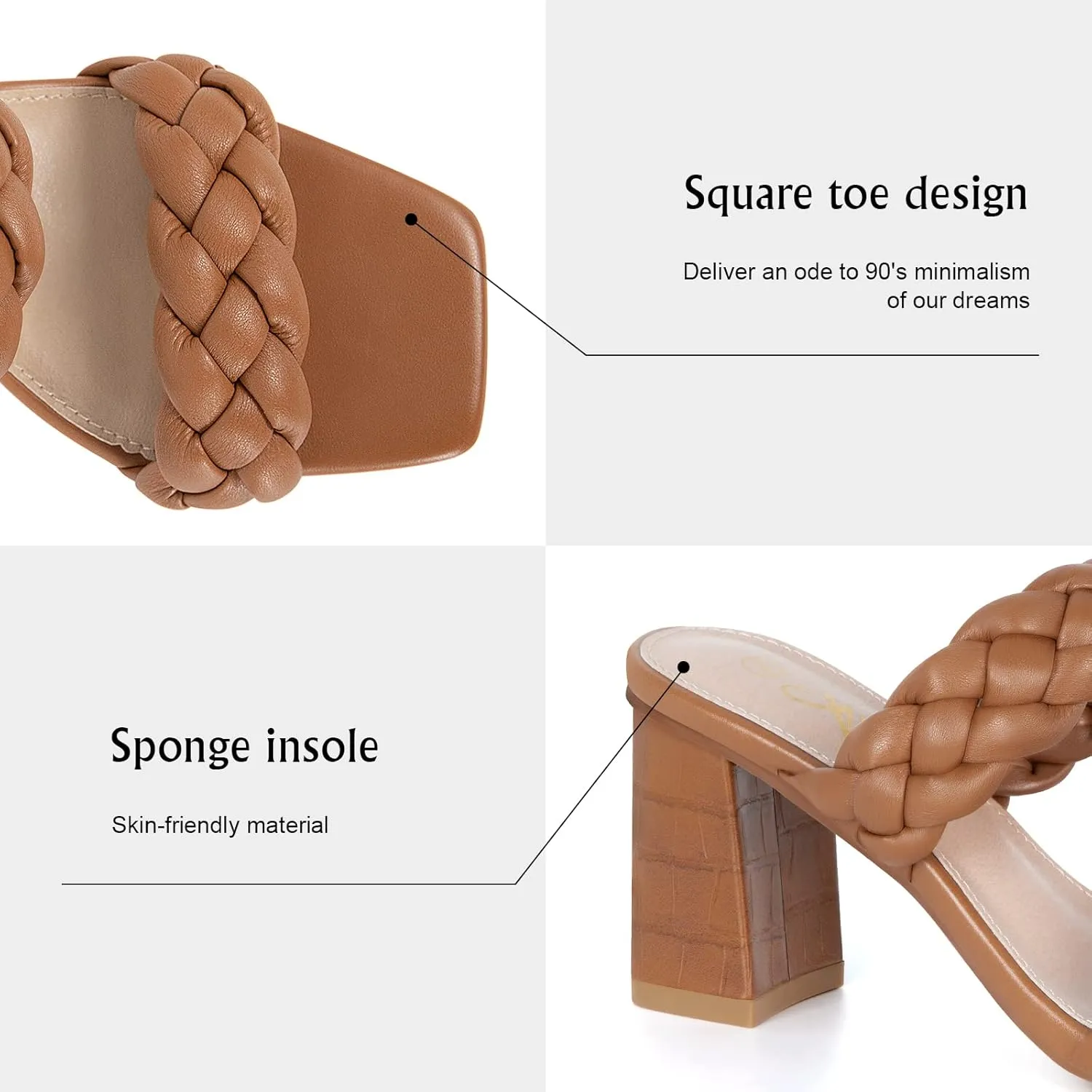 Athlefit Women's Braided Heeled Sandals Strappy Square Open Toe Heels Backless Mules Slip On Block Heels