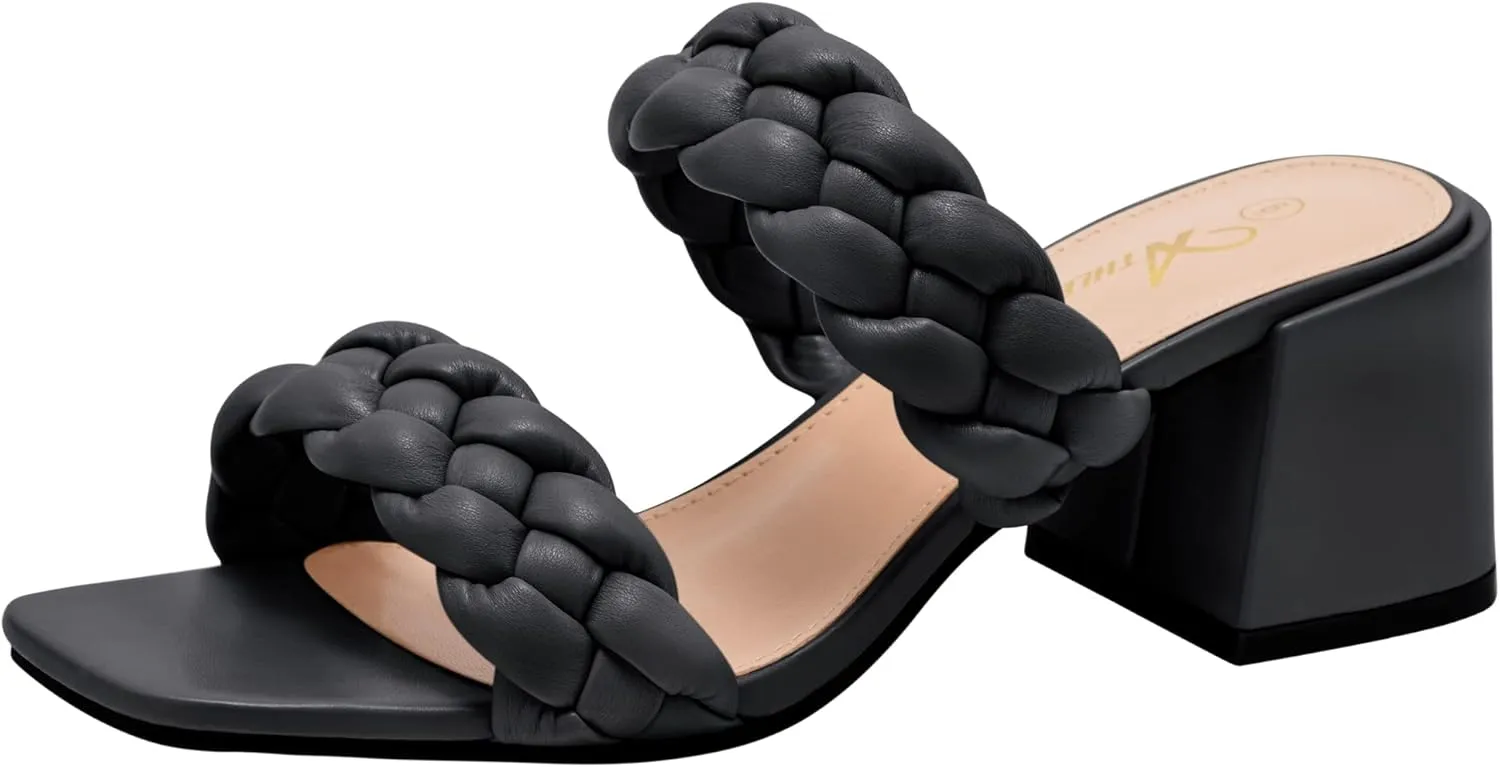 Athlefit Women's Braided Heeled Sandals Strappy Square Open Toe Heels Backless Mules Slip On Block Heels