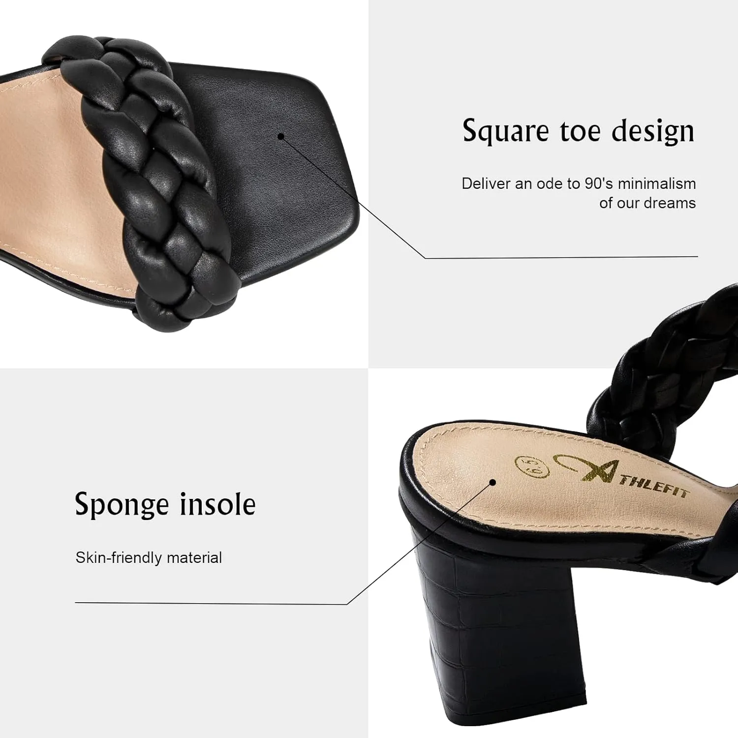 Athlefit Women's Braided Heeled Sandals Strappy Square Open Toe Heels Backless Mules Slip On Block Heels