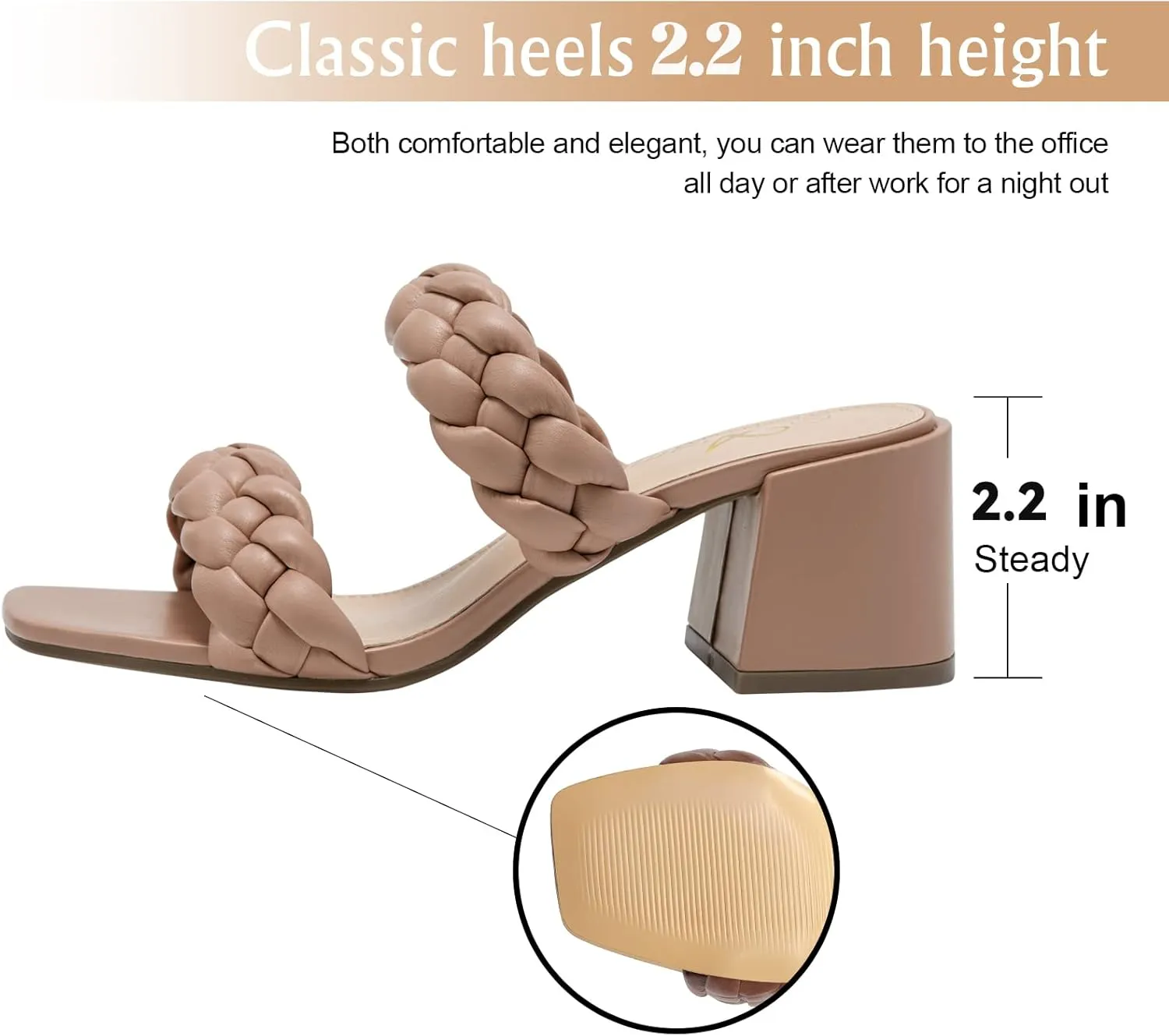 Athlefit Women's Braided Heeled Sandals Strappy Square Open Toe Heels Backless Mules Slip On Block Heels